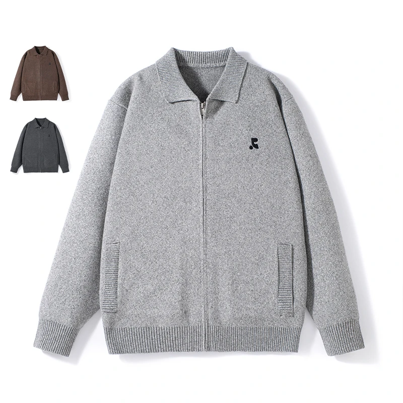 2025秋冬新款男士翻领针织毛衣青年开衫外套百搭宽松休闲长袖纯色