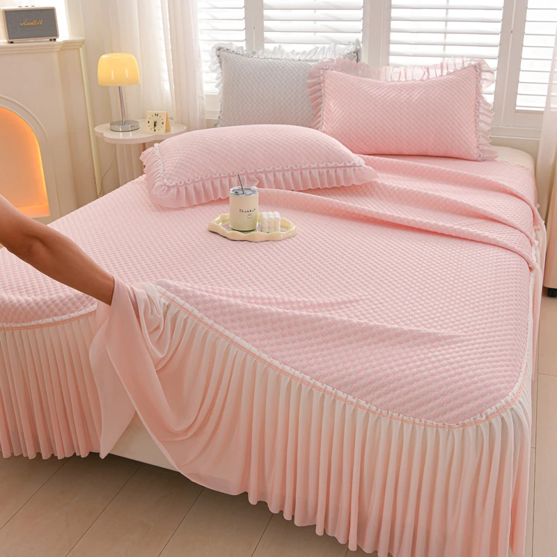 高档冰豆豆凉席三件套渐变防滑床裙冰爽透气公主风空调席子可机洗