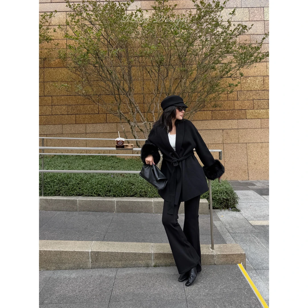 RRB Design 修身显瘦狐狸毛拼袖系带厚实轻奢羊毛双面呢外套