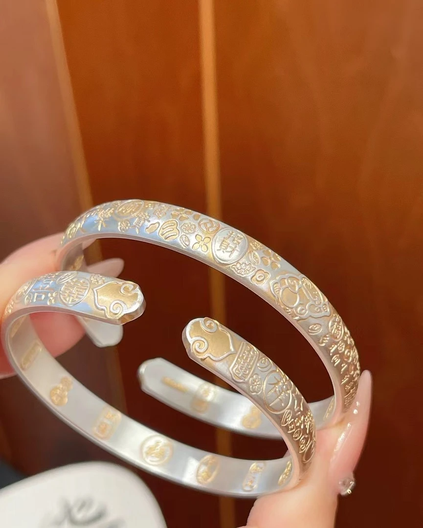 足银珐琅手镯 吉言招财猫泥鳅背吉言描金宽版足银手镯新款大气