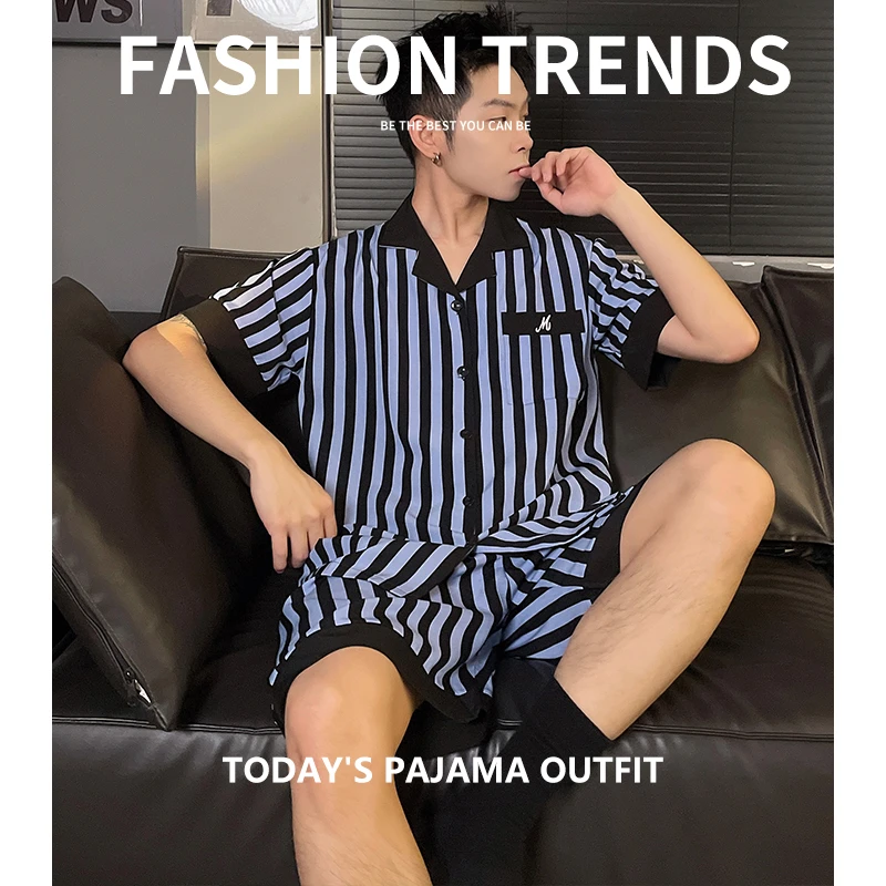 2025新款冰丝睡衣男夏季薄款短袖时尚休闲宽松夏天男士家居服套装