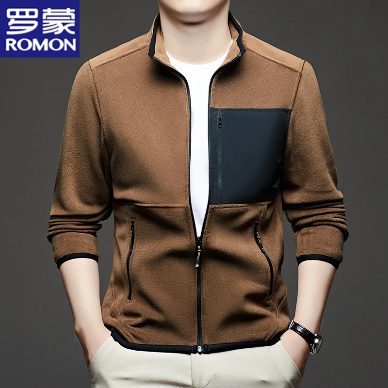 罗蒙秋冬新款奥粒绒开衫卫衣男士加厚立领抓绒衣休闲通勤保暖外套