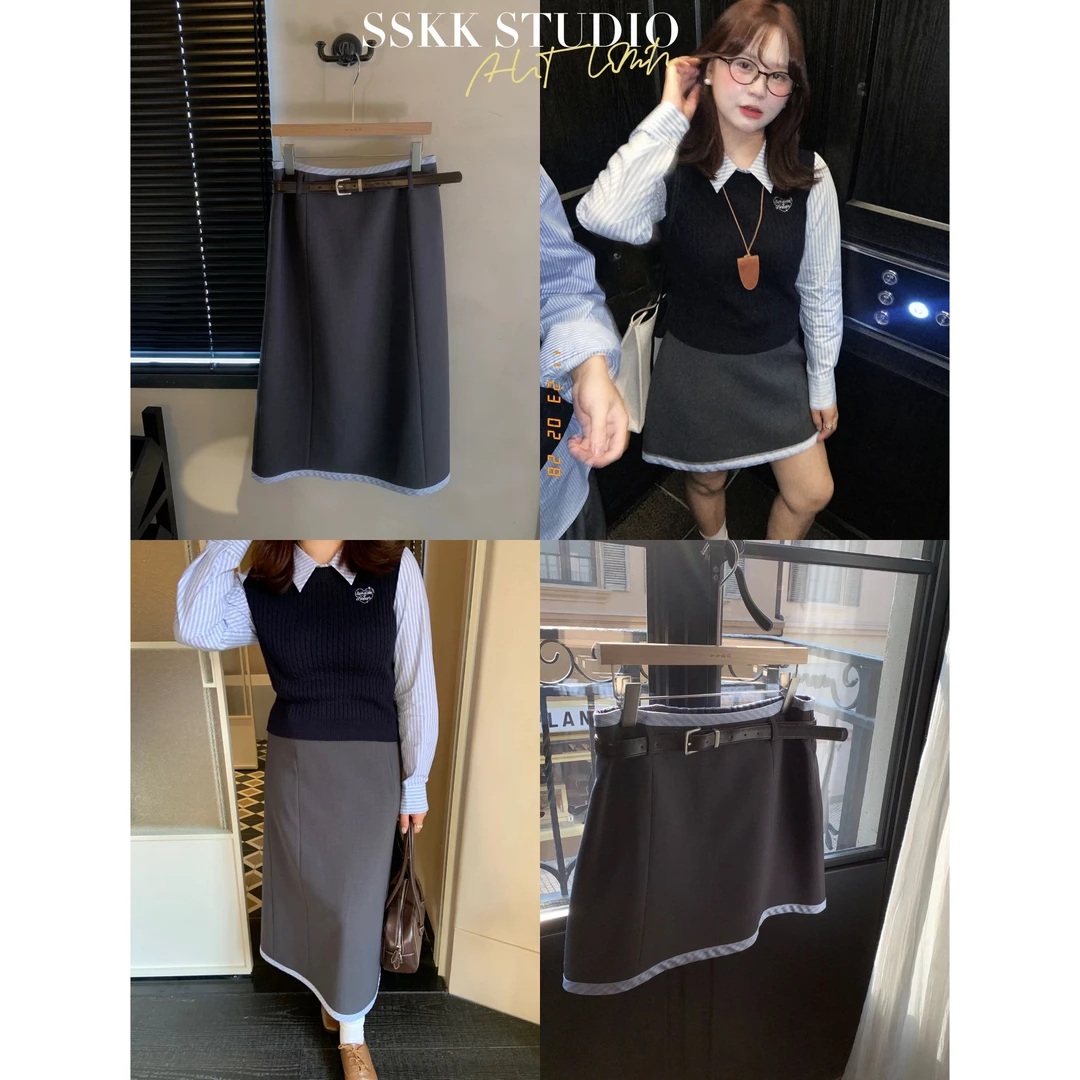 KMZY/KMZY山_山【甜心简讯】微胖早秋韩版条纹拼接边长短款半身裙女