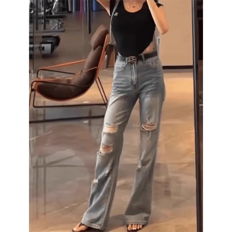 窄版破洞喇叭裤牛仔裤女夏季薄款凉快马蹄裤2025年新款修身长裤子