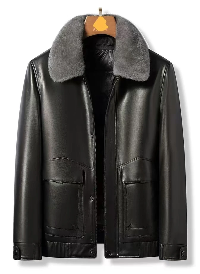 男士秋冬潮流休闲商务可脱卸水貂翻领羽绒内胆皮外套保暖82266
