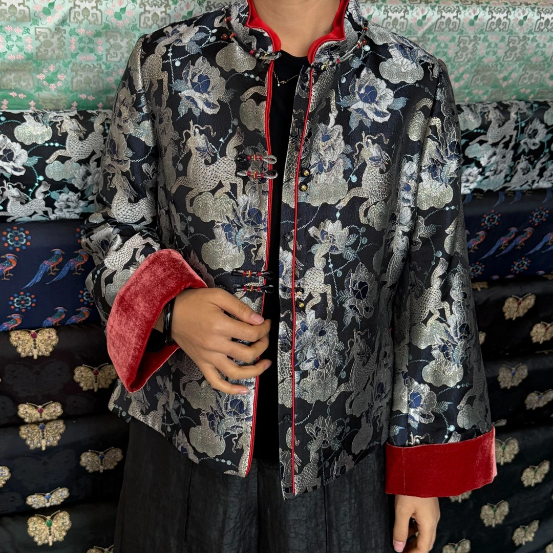 天莨阁原创 宋锦 麒麟牡丹红丝绒拼接 素绉缎真丝里衬 衣长58起