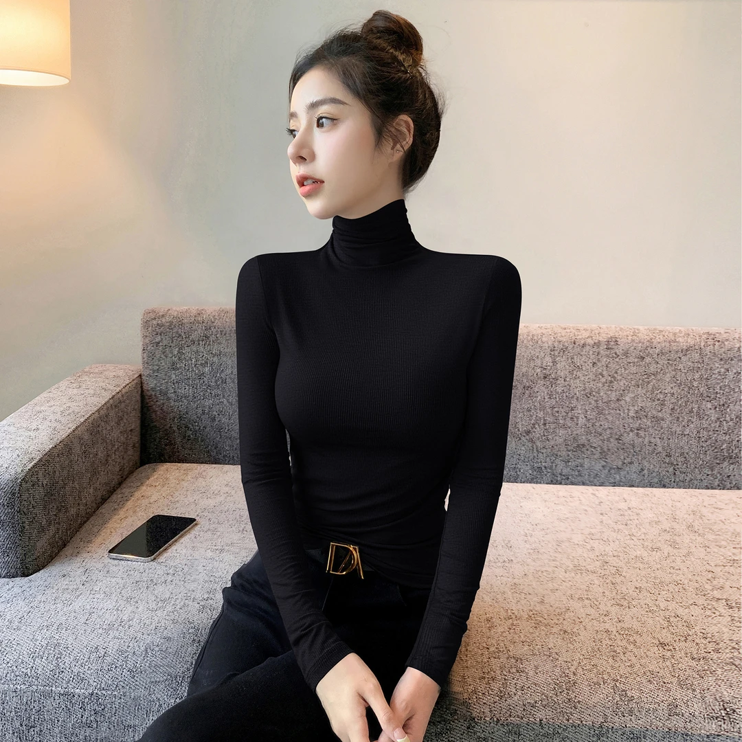 高领打底衫女2025新款春秋内搭外穿长袖t恤修身显瘦针织洋气上衣