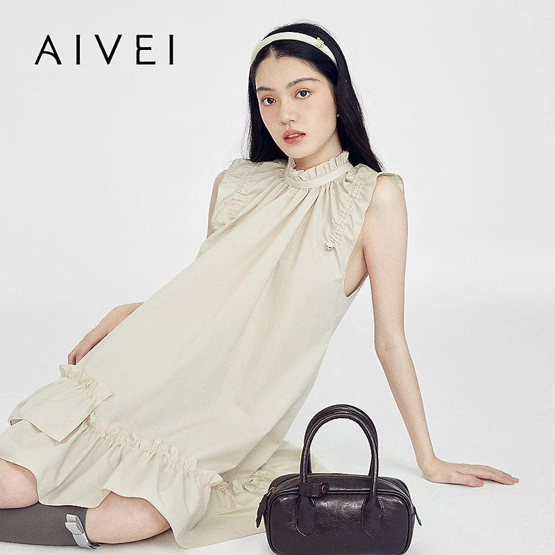 AIVEI欣贺艾薇2025夏季新日系甜美荷叶边宽松娃娃连衣裙S723502A