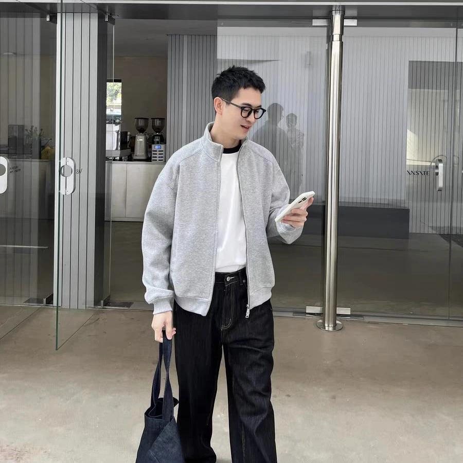 秋冬休闲开衫百搭立领卫衣男秋季春秋情侣宽松型纯色宽松上衣套头