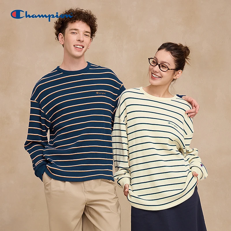 【琥珀流光】Champion冠军撞色条纹情侣华夫格长袖T恤U5CLTSM008