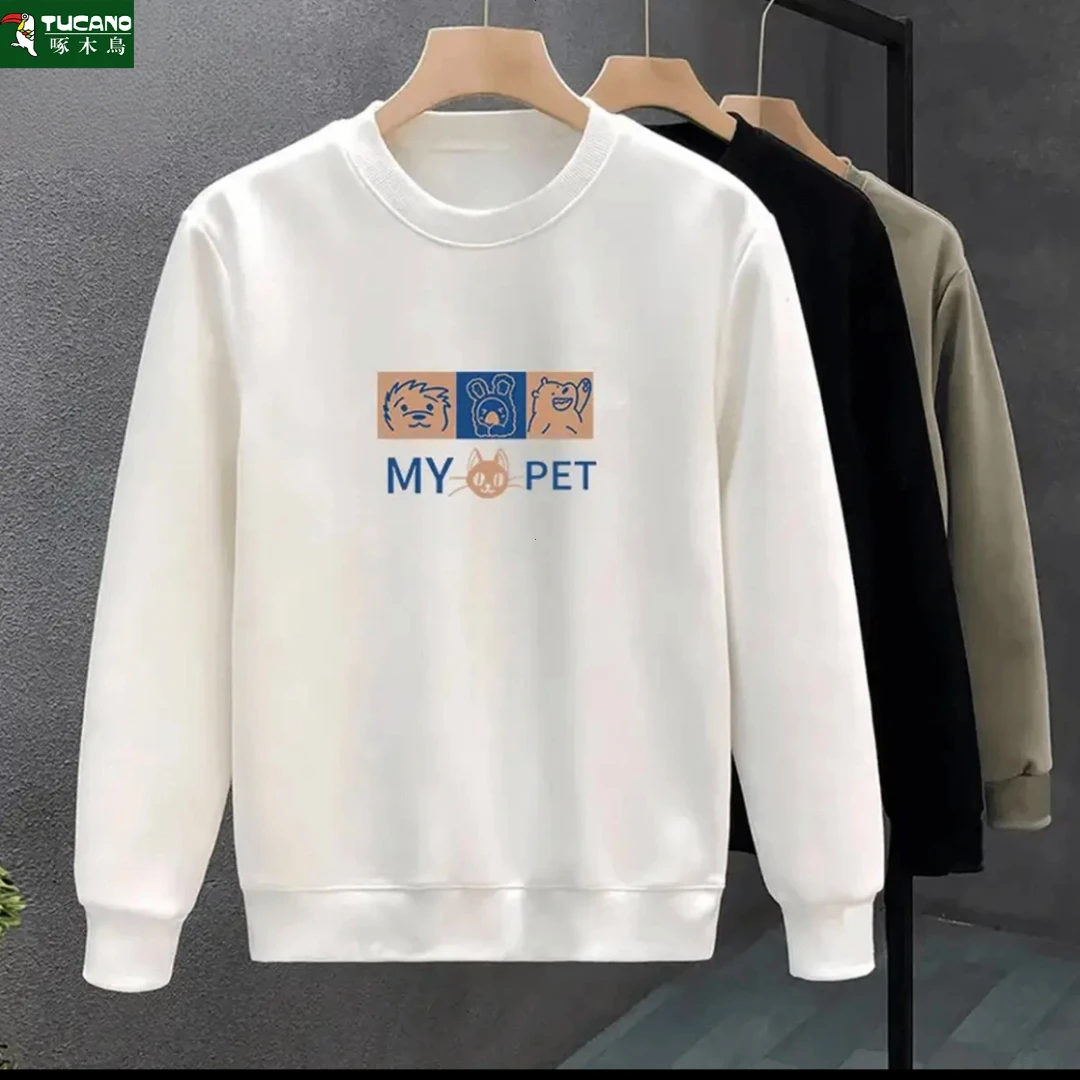 啄木鸟卫衣2025秋冬黑色卫衣男重磅圆领潮流情侣百搭宽松运动上衣