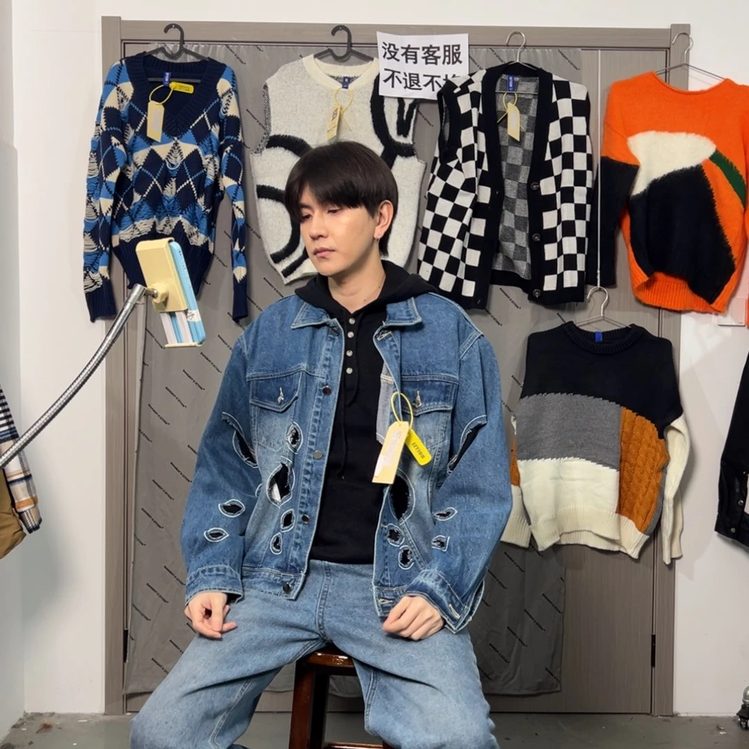 潮流时尚破洞牛仔夹克m码