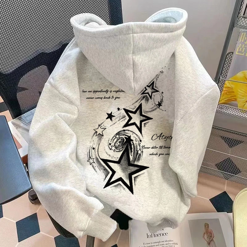 秋冬加绒加厚重磅连帽卫衣星星音符艺术印花潮牌外套新款男装宽松