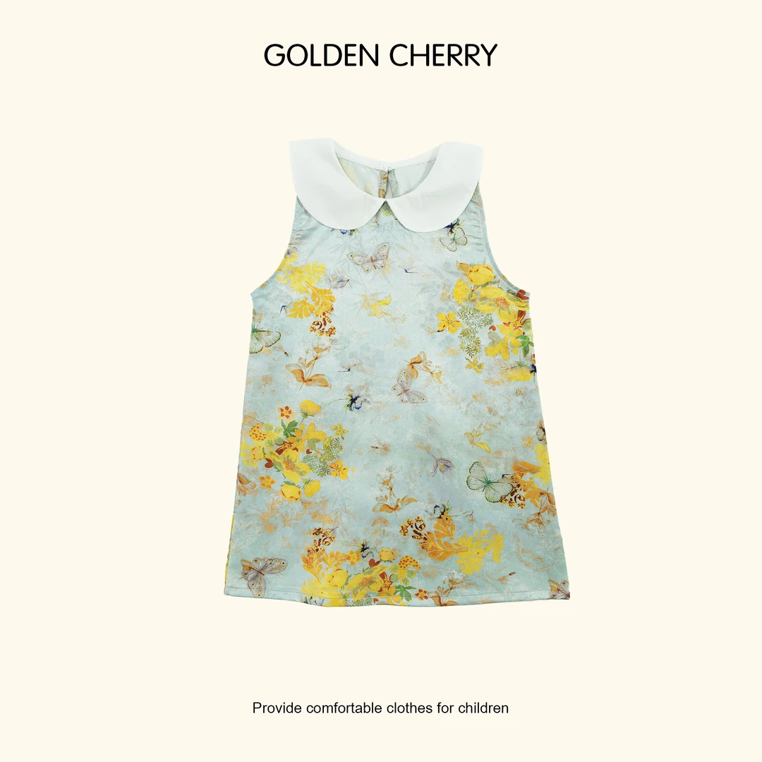 【Golden cherry】小童白色娃娃领蝴蝶花旗袍QDD169