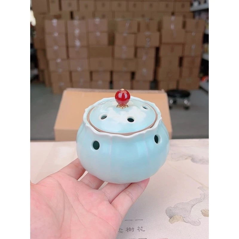 宇舟一路莲升汝窑开片青色小茶摆件R275