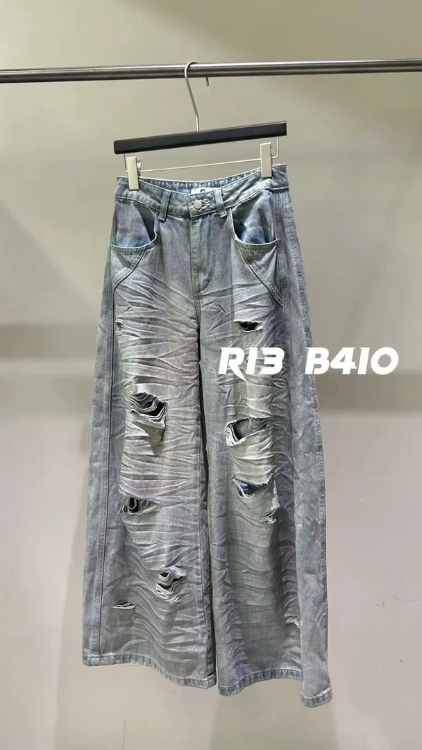 R13新款 慵懒洋气设计感阔腿破洞宽松牛仔裤