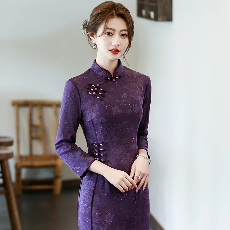新中式旗袍高端改良秋装2025老上海紫色礼服国风复古日常可穿加绒