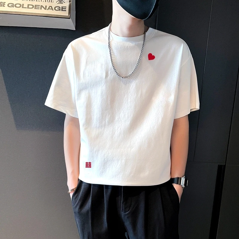 新款纯棉短袖t恤男夏季休闲半袖宽松圆领印花t恤百搭高级感男装