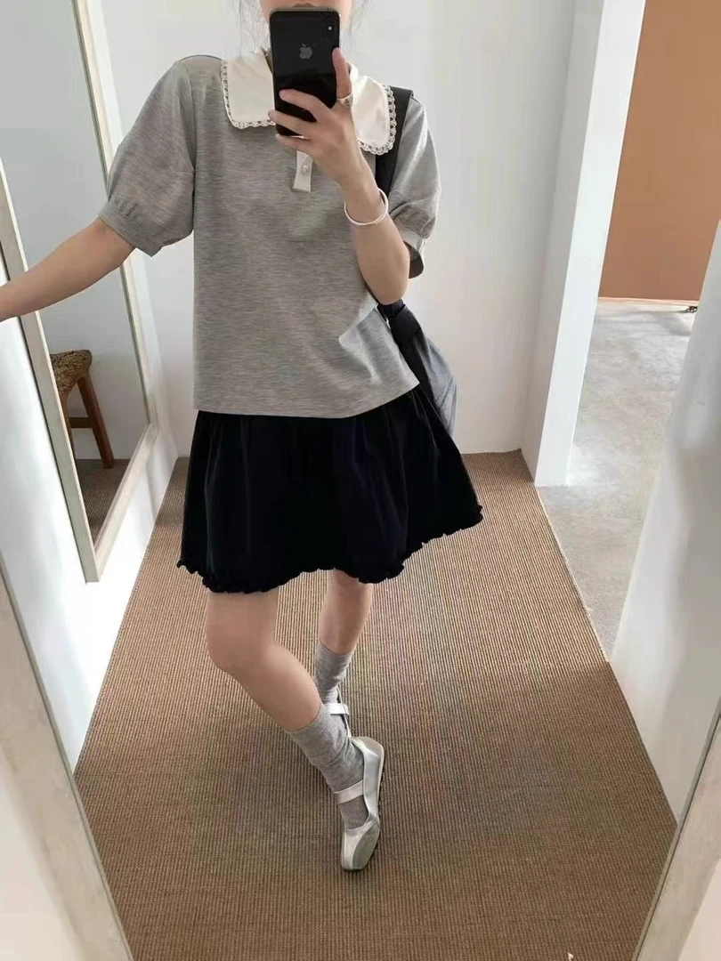 【上衣】韩系娃娃领设计少女感翻领宽松短袖T恤显瘦百搭洋气