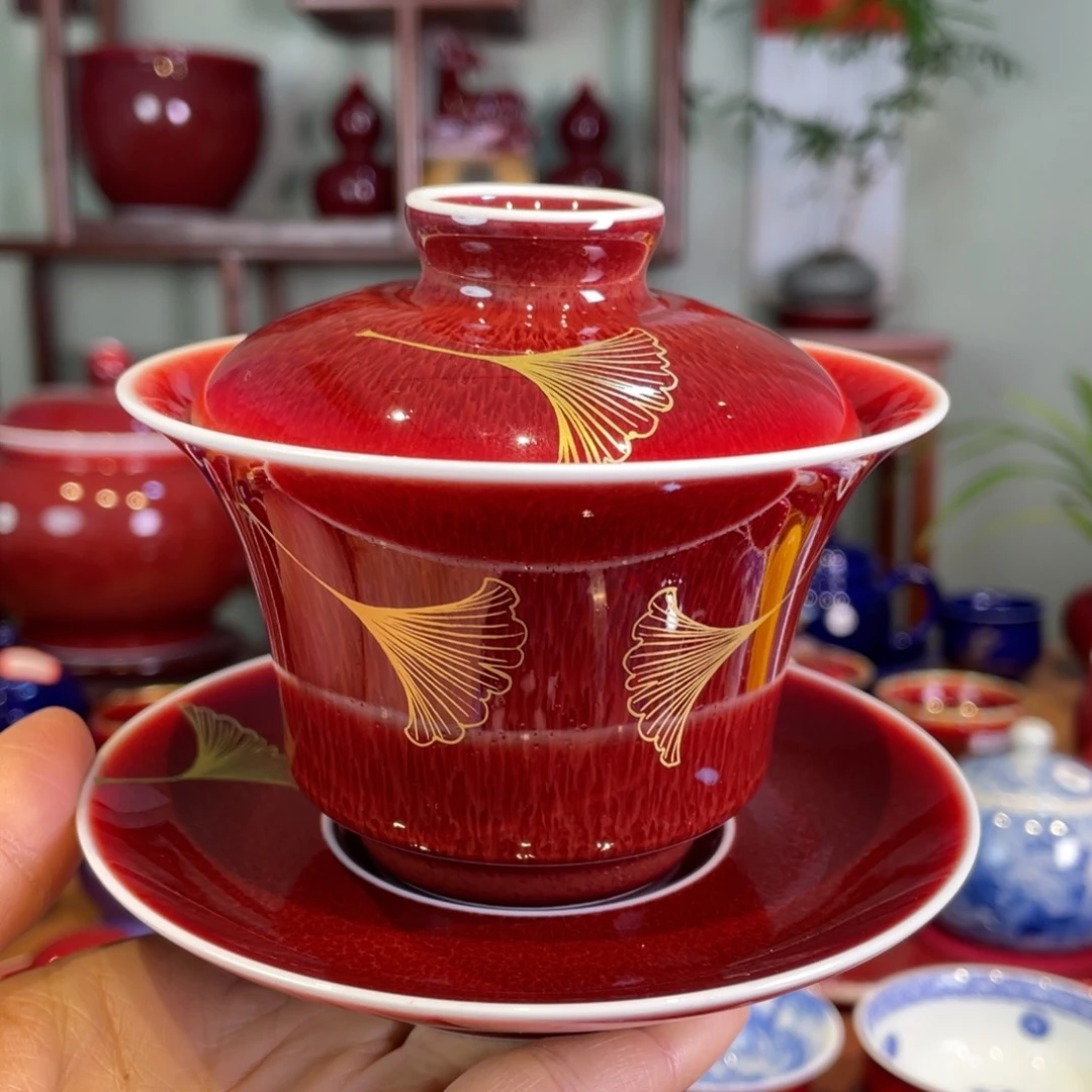 清欢雅玩原矿郎红描金马蹄盖碗