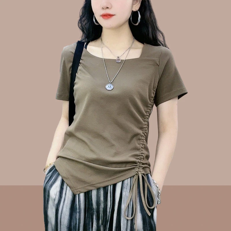纯棉短袖t恤女士2025夏女装新款遮肚子上衣小个子洋气不规则露肩