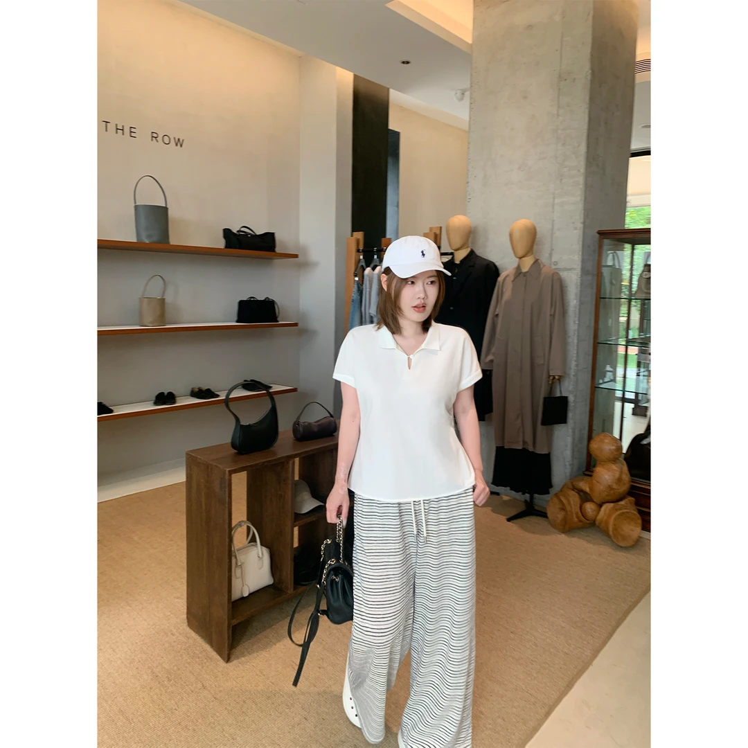 酒心微胖定制 巨好穿！夏季透气条纹宽松休闲阔腿显瘦针织裤