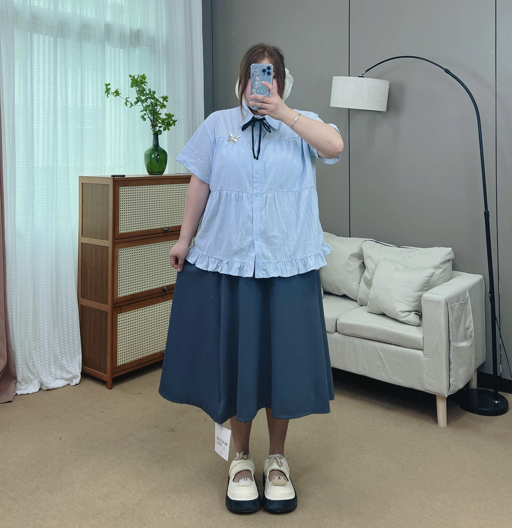 时尚套装蓝色衬衣短袖上衣学院风长短款套装
