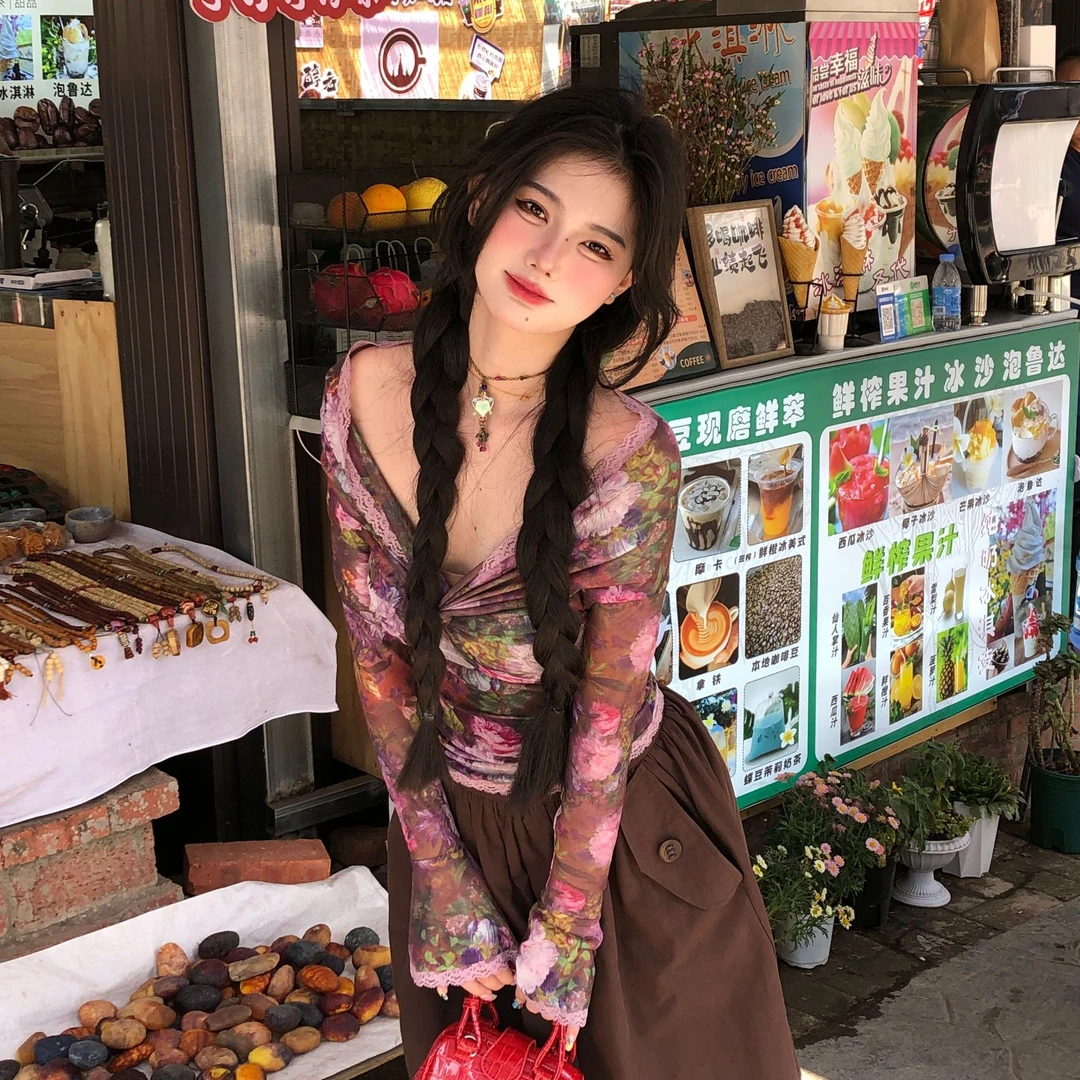 刘德瓜LDG【油画少女】原创蕾丝边一字肩网纱印花长袖t恤打底衫