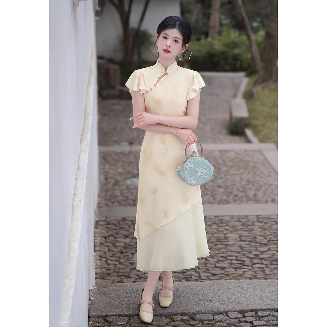 国风飞飞袖改良奥黛旗袍高贵改良年轻款少女茶服夏季新中式日常可