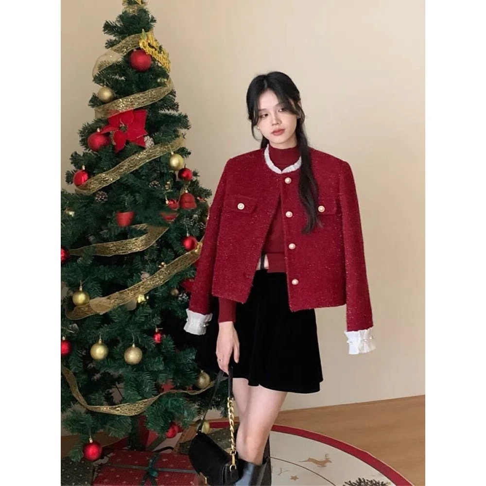 精致细闪小香风外套女冬款爆款钉珠荷叶袖高级感超好看棉服23590