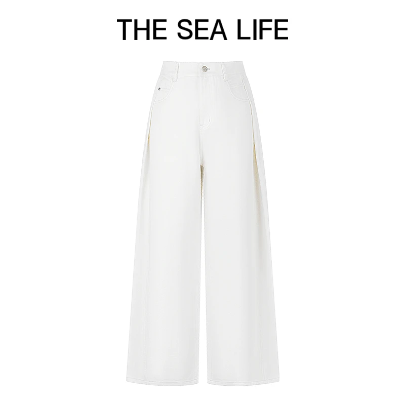 欧海一生 高腰牛仔裤2025春100%棉休闲阔腿裤thesealifeB15126-1