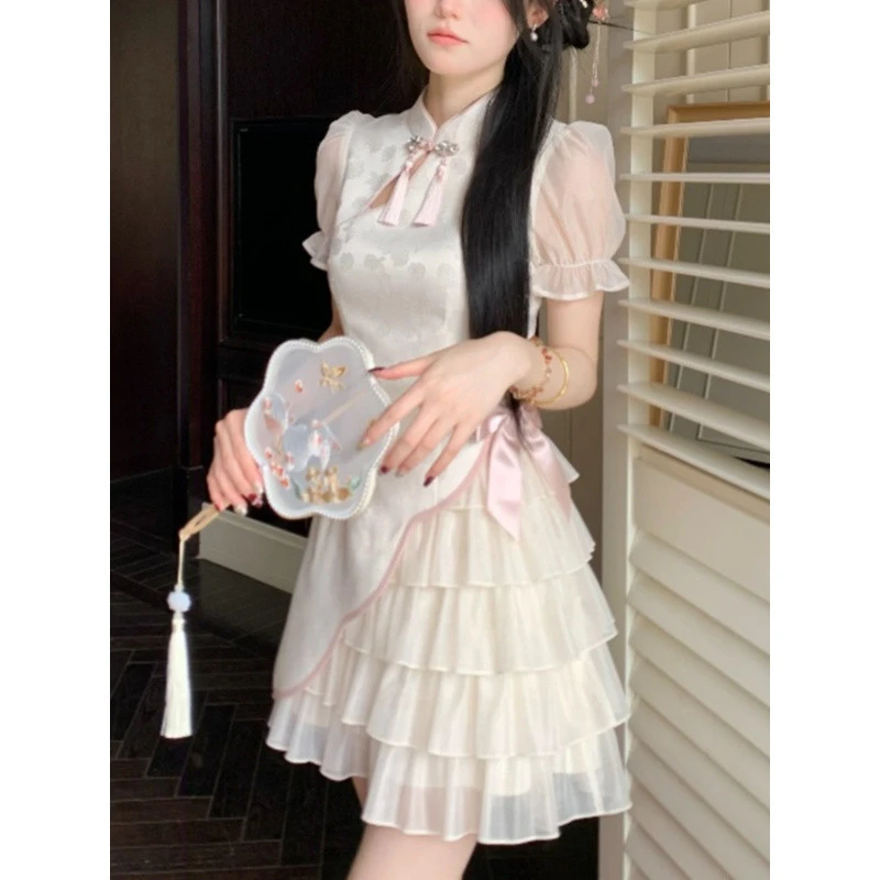 蛋糕裙新中式蝴蝶结提花旗袍连衣裙女夏季2025新款收腰短裙子甜美