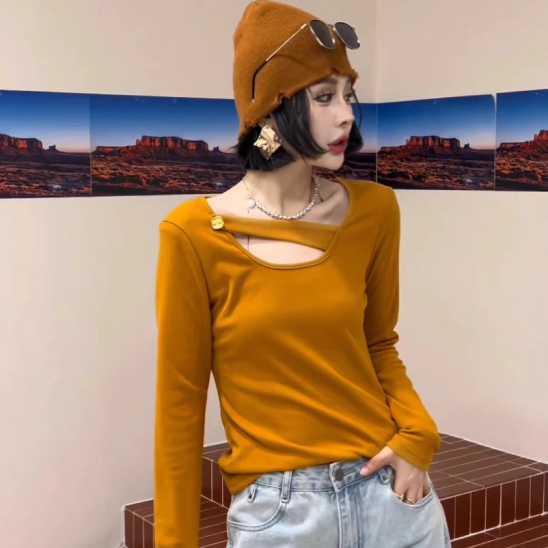 6563 新款磨毛加绒挂脖T恤百搭打底衫设计感上衣