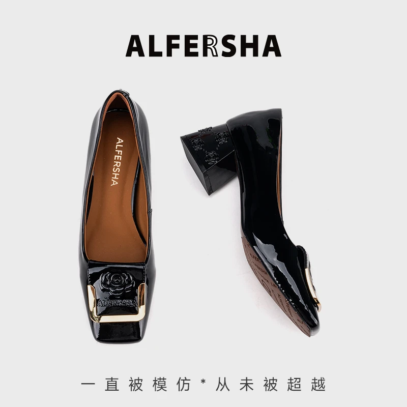 2025春款四季单鞋9688812新款单鞋山茶花压花方头中跟B