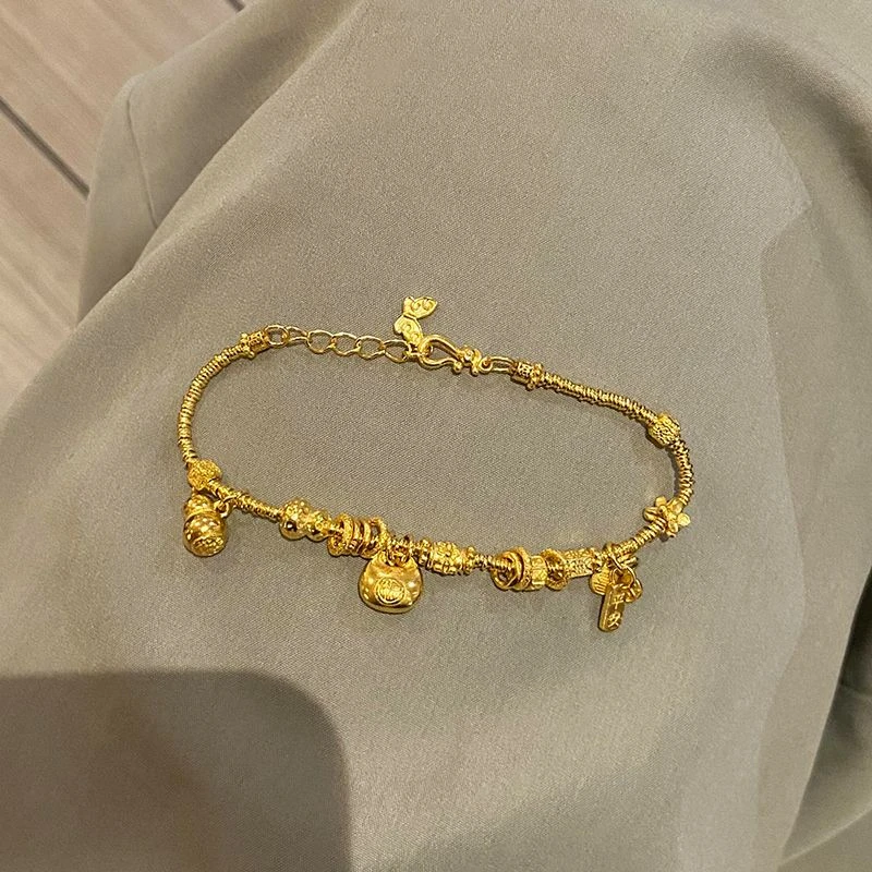 铜合金手链 黄金色平安喜乐福牌女百搭盘缠福袋葫芦小众高级手链