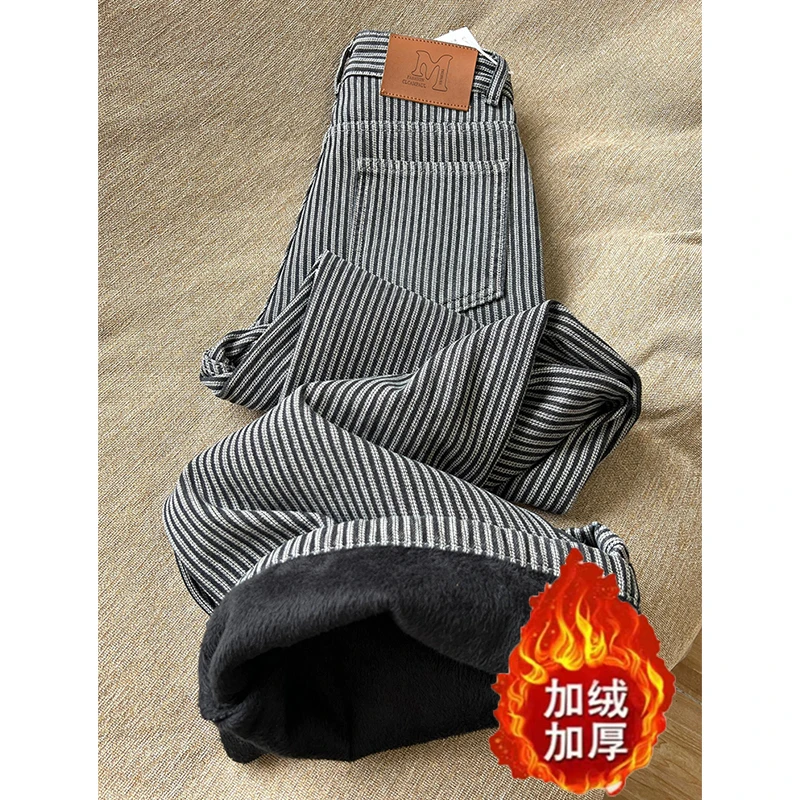 美式复古设计感条纹阔腿牛仔裤女2025冬季新款高腰宽松显瘦拖地裤