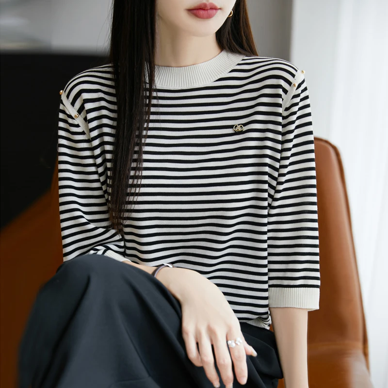 羊范百看不厌~洋气条纹拼色圆领短袖女100%莱赛尔设计感套头打底