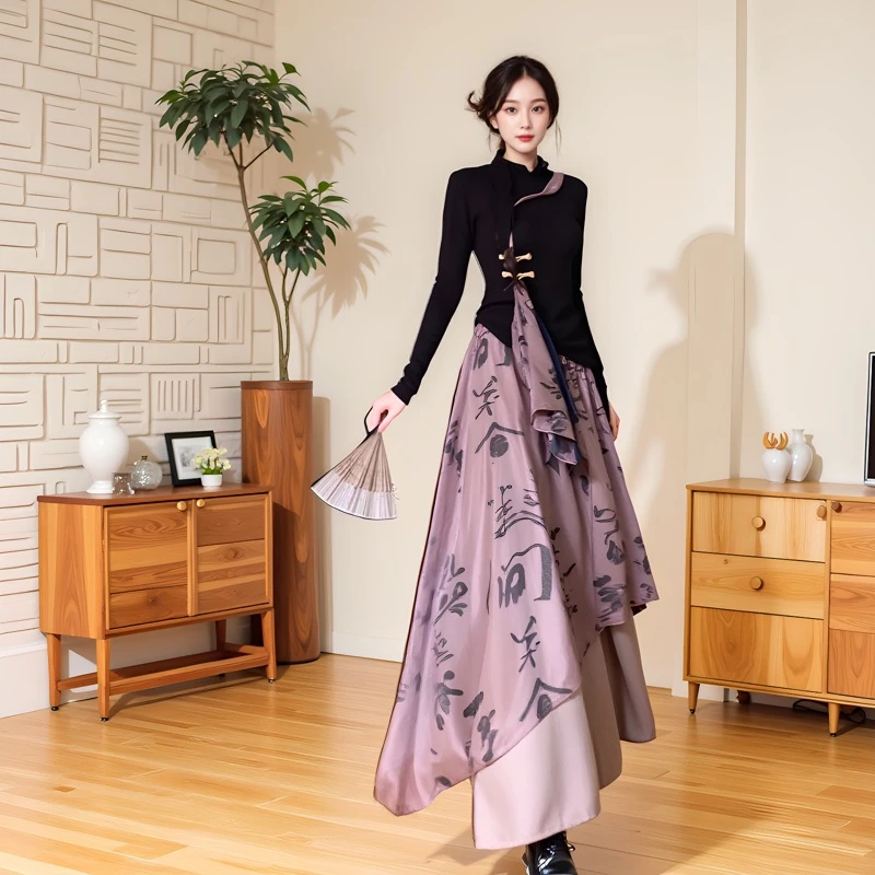 YH-66746大码女装胖mm春秋新款新中式禅意国风上衣半身裙两件套装