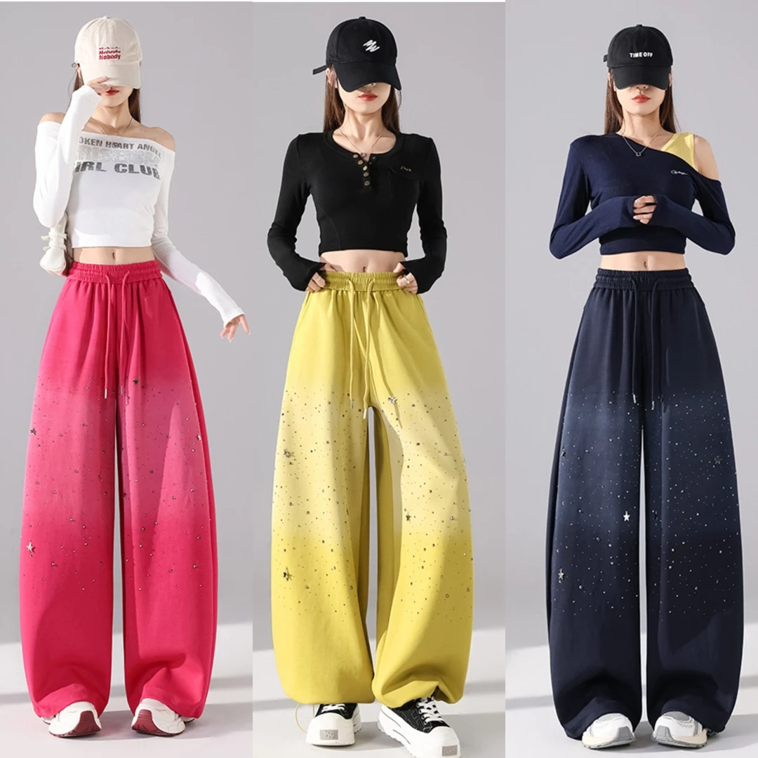 2025秋冬新款重工烫钻手工钉珠时尚两穿弯刀裤休闲阔腿卫裤