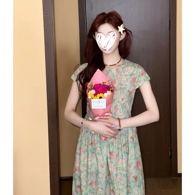 夏季法式碎花压褶显瘦绿色连衣裙收腰复古有袖/无袖长裙子