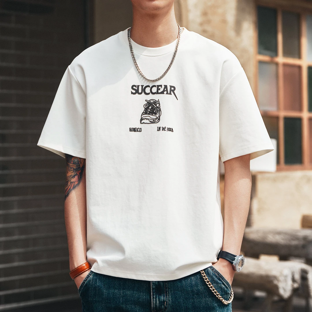 格蓝鹿高端日系复古立体印花短袖T恤男夏季薄款宽松凉感休闲上衣