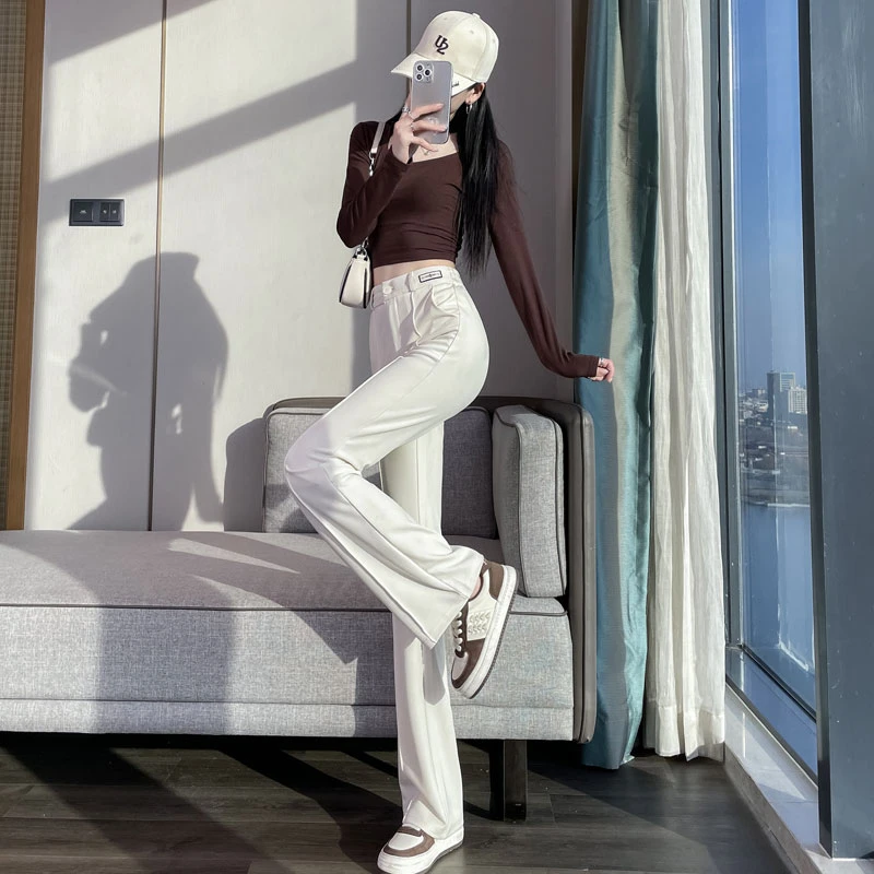 杏白微喇叭裤女显瘦休闲裤小个子九分裤子气质高腰正装裤大码长裤
