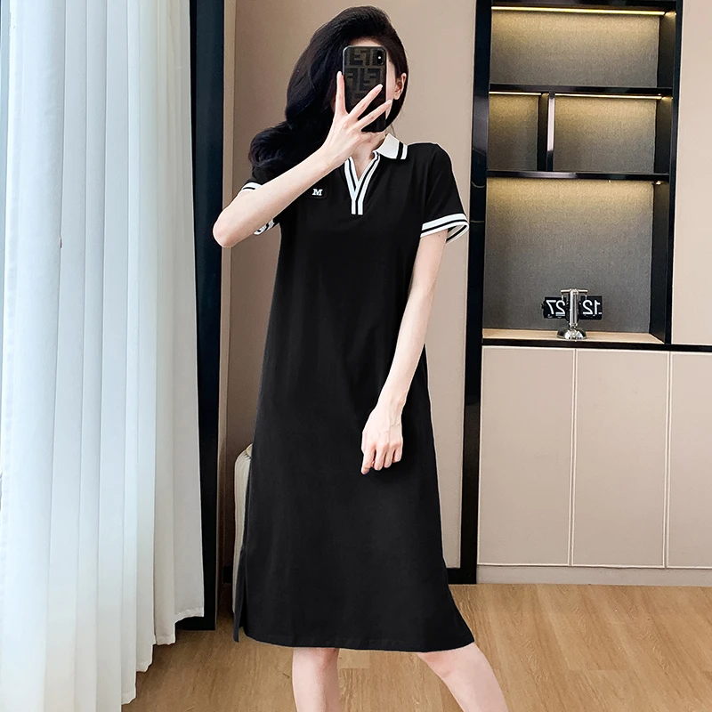 气质减龄显瘦半开领连衣裙2025夏韩版纯棉过膝开叉宽松全棉t恤裙