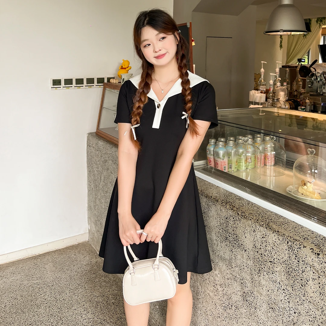 【夏季新款】大码百分百时尚显瘦百搭大码撞色海军领连衣裙1733