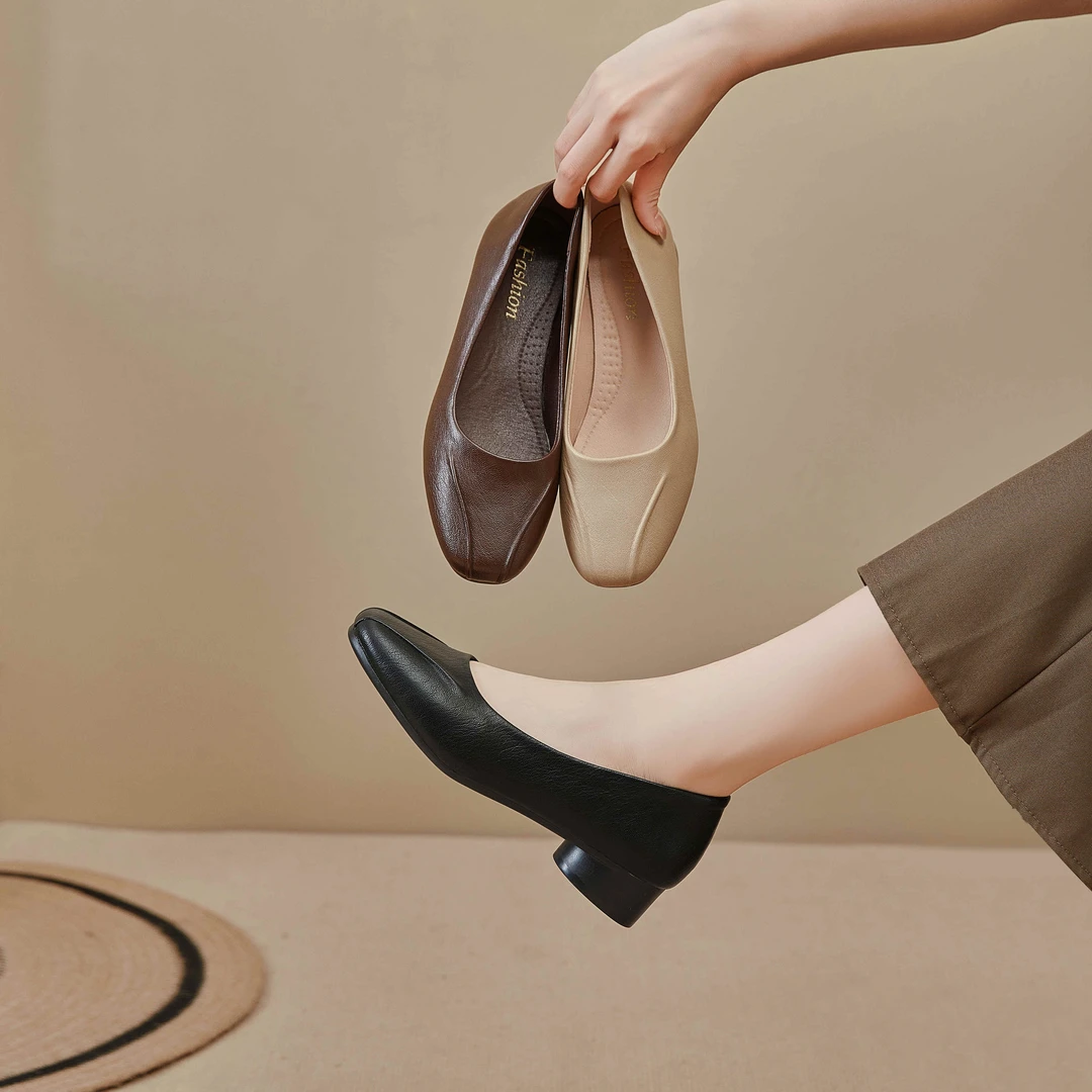 新款712百搭气质中跟单鞋浅口时尚方头小皮鞋百搭软底软皮