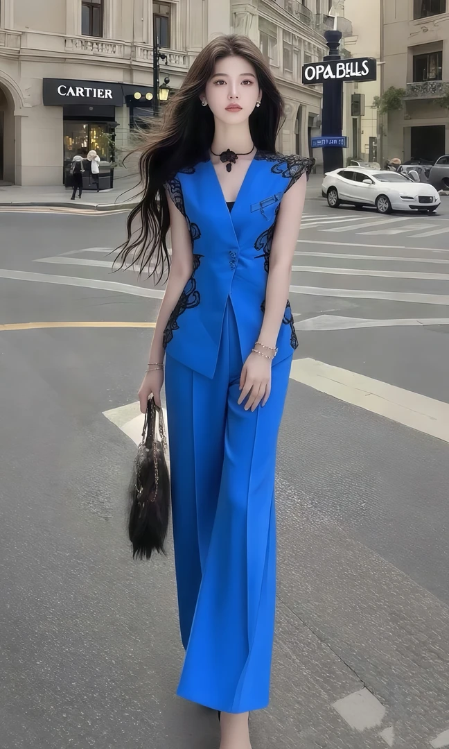 新款时尚蓝色V领无袖修身上衣+蓝色休闲百搭显瘦长裤女氛围感套装