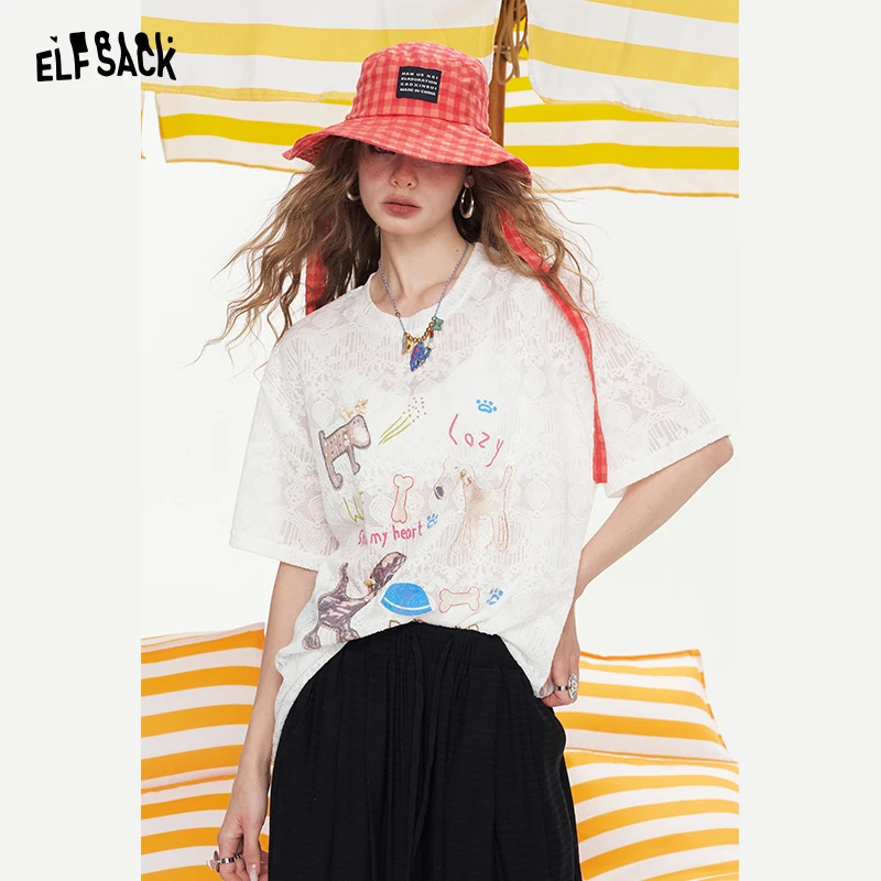 5268【金拐子】妖精的口袋卡通印花蕾丝短袖t恤女夏新款宽松休闲