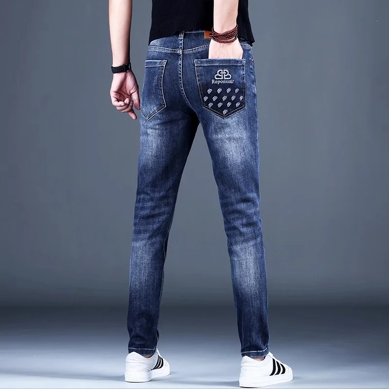 Cebrodz蓝色印花牛仔长裤男款夏薄款2025新款弹力休闲修身潮流裤