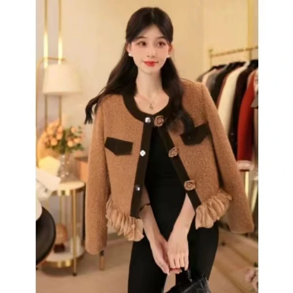 2025秋冬新款小香风外套短款花朵拼接设计感夹棉上衣短外套