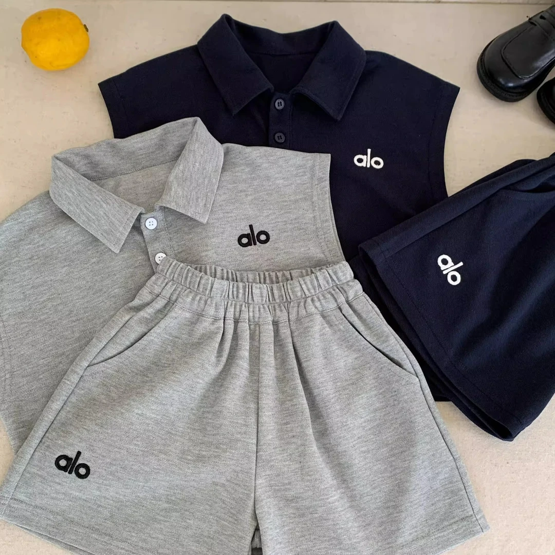 儿童纯棉POLO衫无袖T恤夏季新款男女童宝宝刺绣童装运动两件套潮